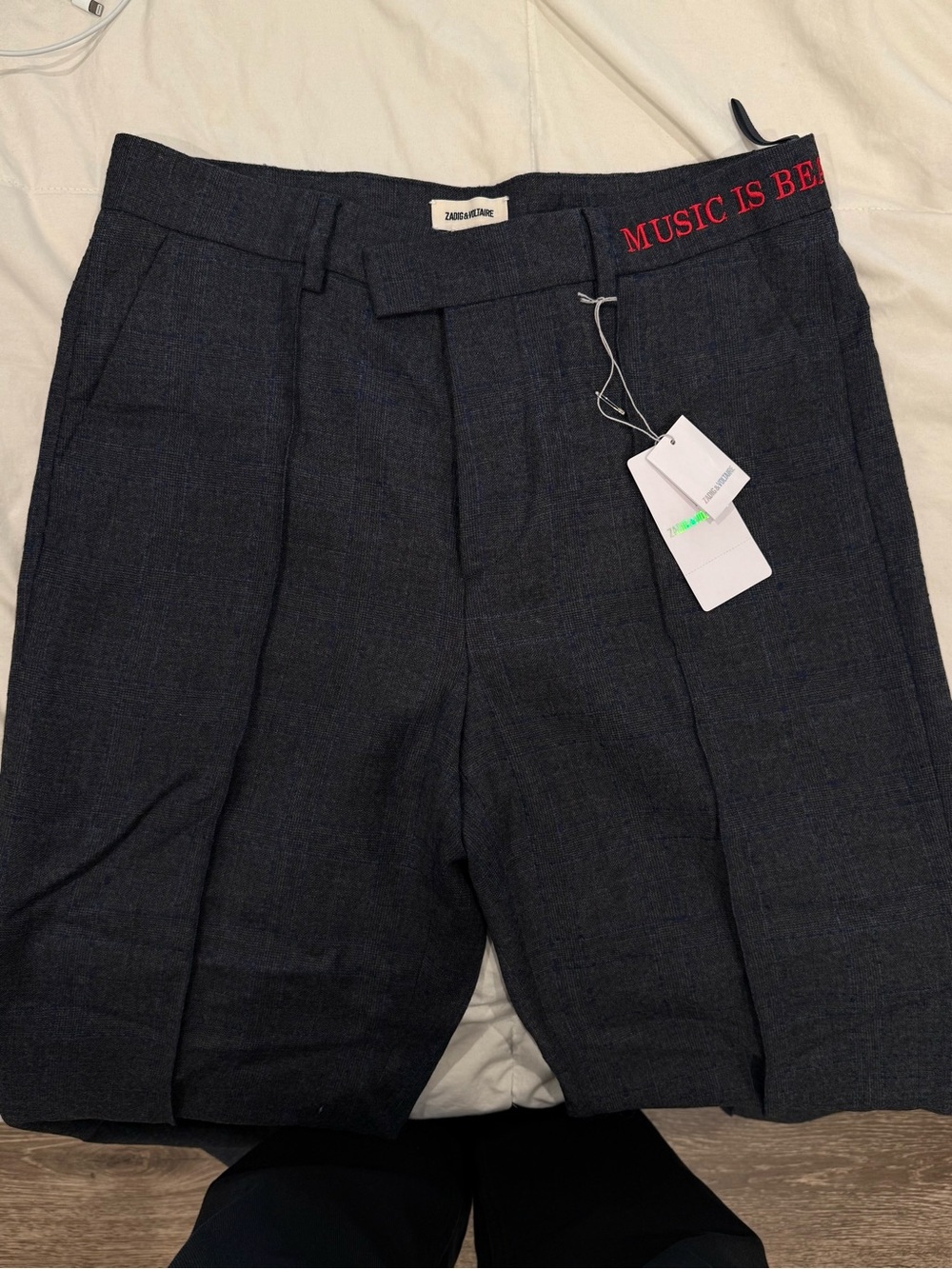 Zadig & Voltaire Men's Dark Gray Tailored Shorts with Red Waist Text